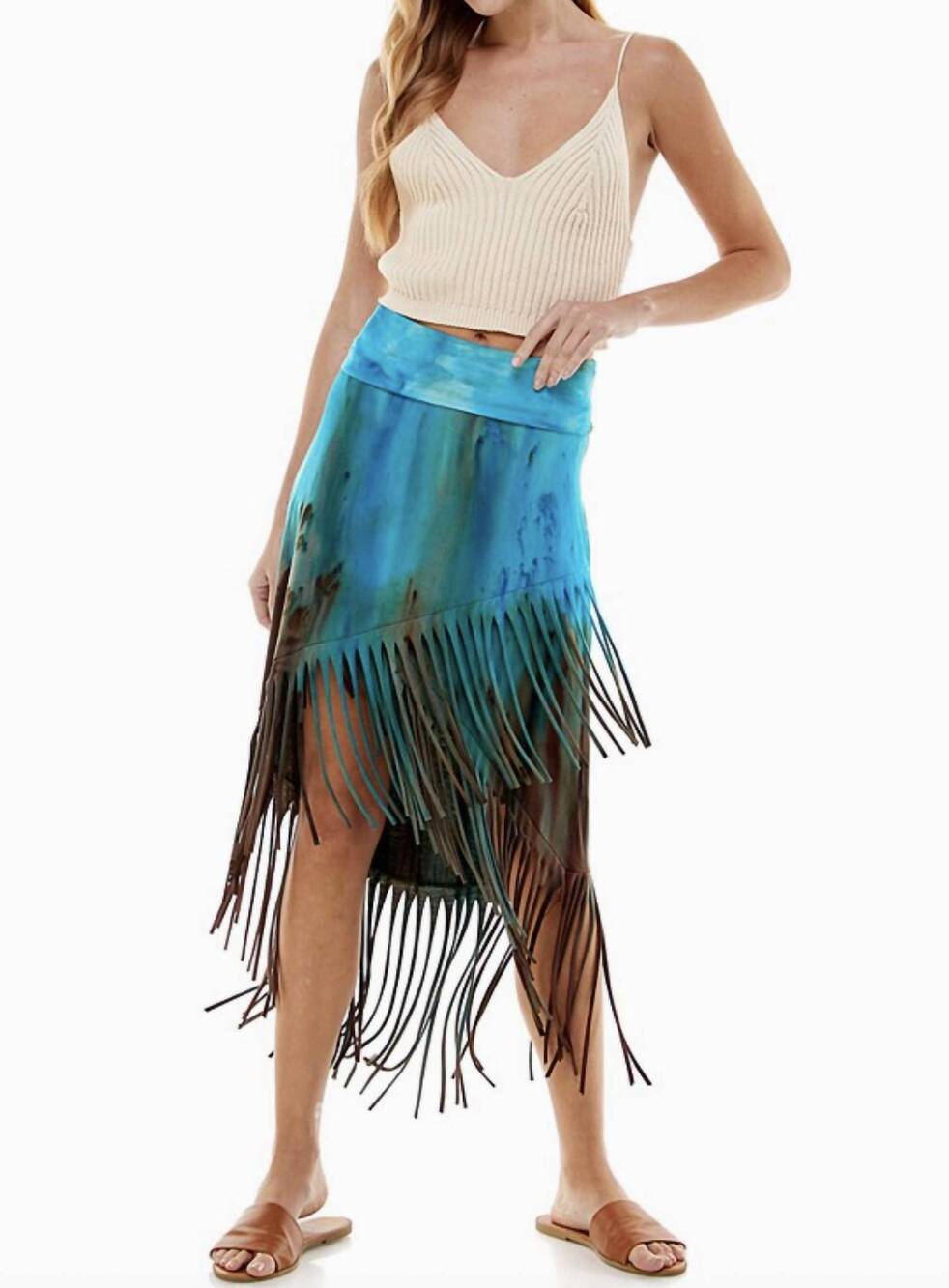 NEW T-PARTY fringe high low skirt in multi tie dye